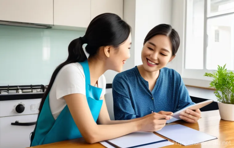 가사도우미로서 지켜야 할 서비스 매너 - A domestic helper, a woman in her 30s-40s wearing practical and comfortable work clothes, carefully ... 가사도우미로서 지켜야 할 서비스 매너 - A domestic helper, a woman in her 30s-40s wearing practical and comfortable work clothes, carefully ...
